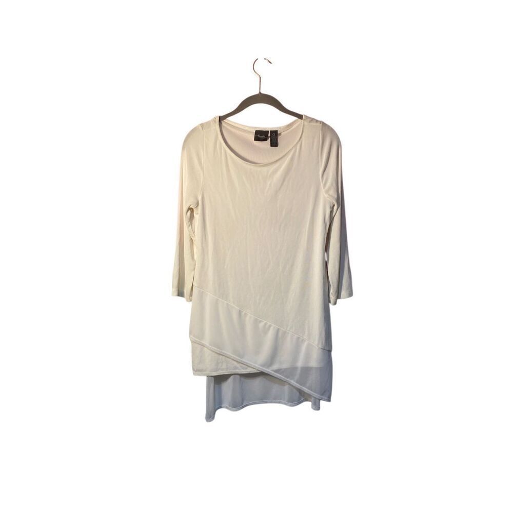 Chicos Travelers White Mesh Detail Asymmetrical Tunic Top 3/4 Sleeve S/4